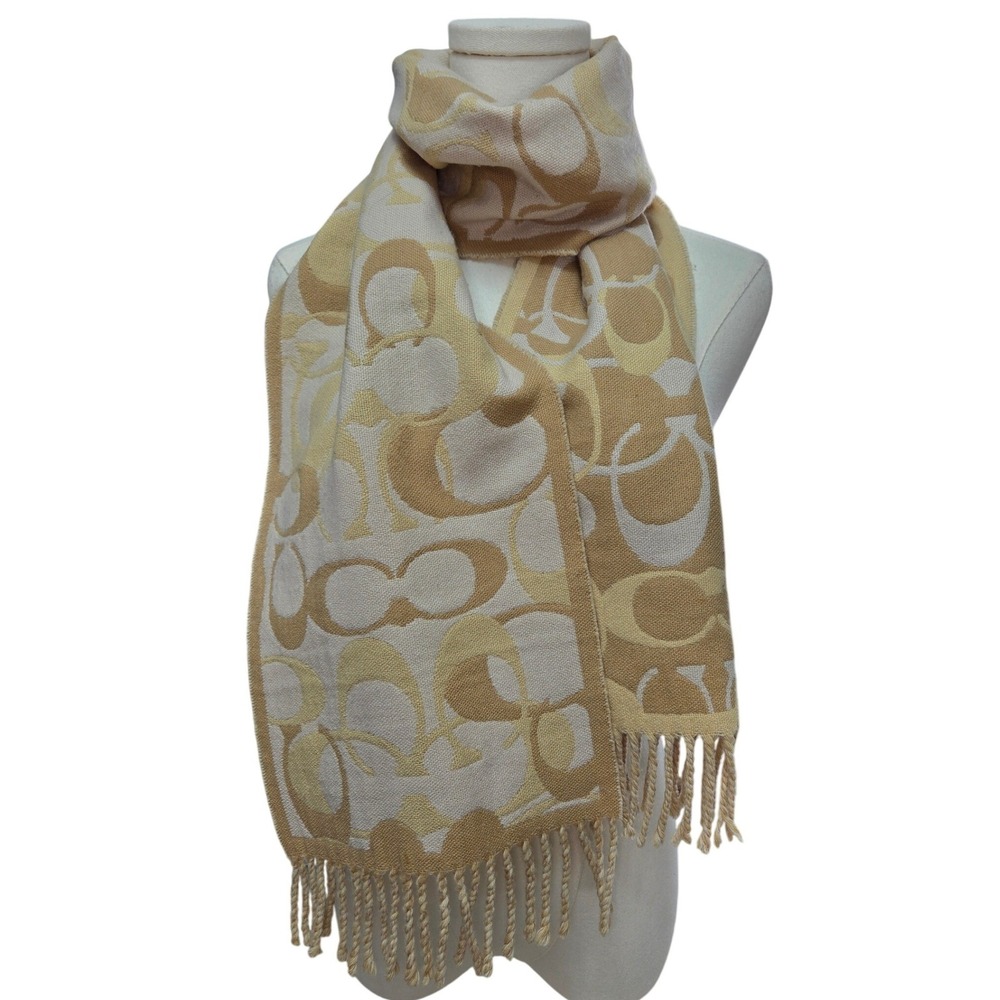 Coach Signature Monogram Jacquard Scarf Beige Cream Fringe Tassel Wrap - Picture 4 of 9